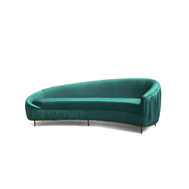 Vamp Metal Base Sofa features a vibrant green uoholstery. The backrest is higher on the right and lower on the çleft part of the sofa.