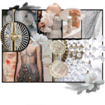 A moodboard with various fashion and furniture pieces in light colors, some of them with floral motifs.
