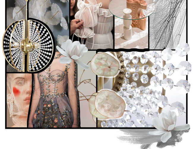 A moodboard with various fashion and furniture pieces in light colors, some of them with floral motifs.