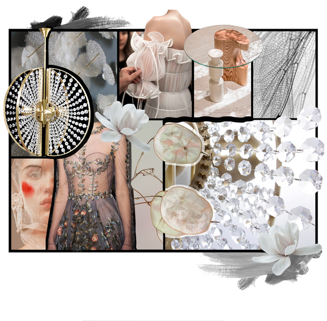 A moodboard with various fashion and furniture pieces in light colors, some of them with floral motifs.