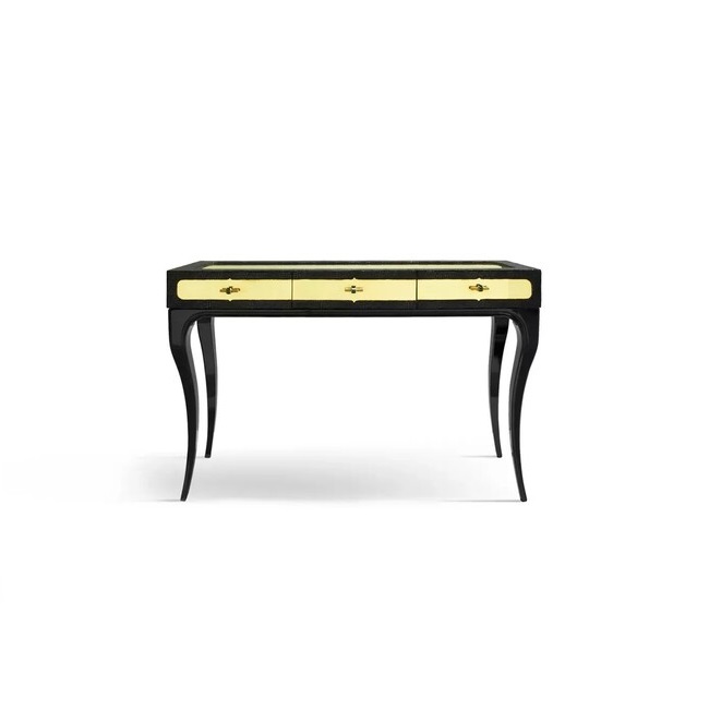 Exotica Dressing Table: a black and golden dressing table, with a fabric tabletop and drawers.