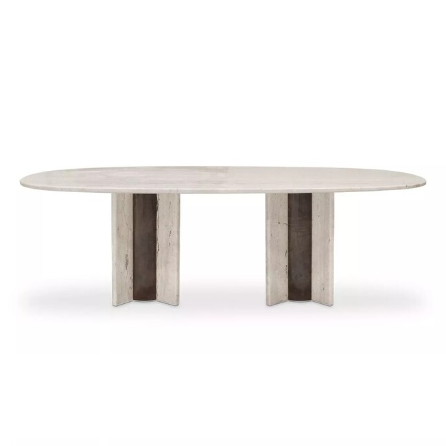 Oval Travertine marble table with two feet in cream and brown hues.