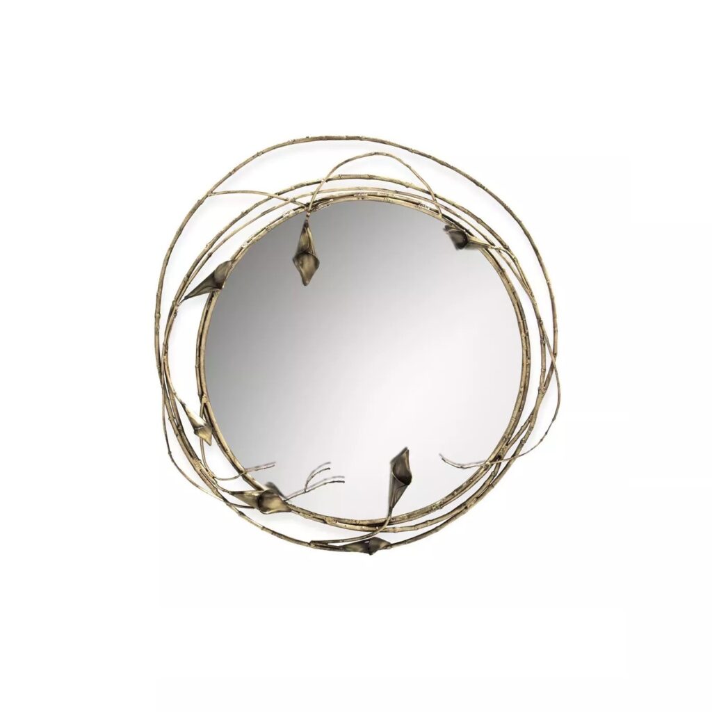 Stella Mirror in a circular form with a copper-collored artistic floral frame, resembling intertwined stems and Calla Lilies around the clear mirror.