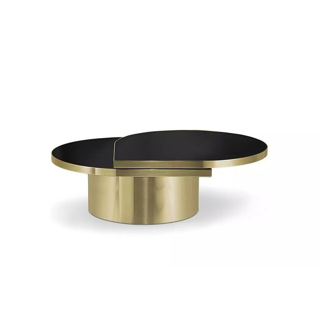 Glamourous aged brass Tears Polished Brass Coffee Table is divided in two different heighted parts, with a black tabletop in the shape that gives it its name, Tears.