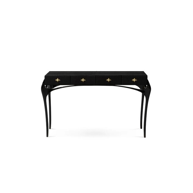 Temptation Console: a full black console, with a textile tabletop and small golden handles.