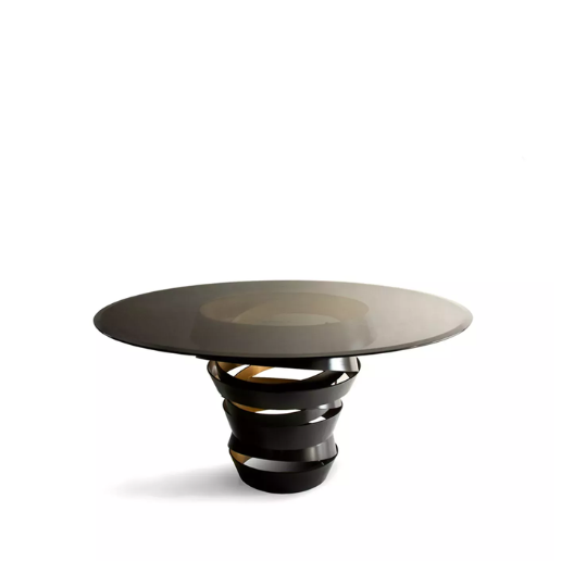 Intuition Dining Table: Smoked glass tabletop on a swirling two-tone metal structure, black on the outside and golden on the inside.