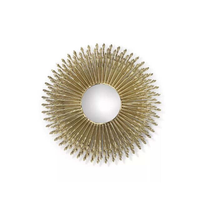 Goddess Mirror in a circular form with a golden frame portraying multiple tiny hands around the mirror, reflection the luxury in a house.
