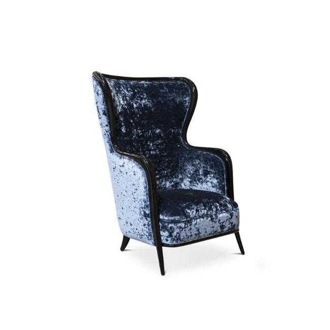 Nudesse Chair: Curvy lined chair, with drak blue upholstery and a black structure.