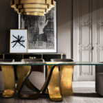 Exploring Statement Furniture Design: Key Pieces to Elevate Any Room A dining room with a distinctive dining table, as a statement design piece, in golden and black hues.