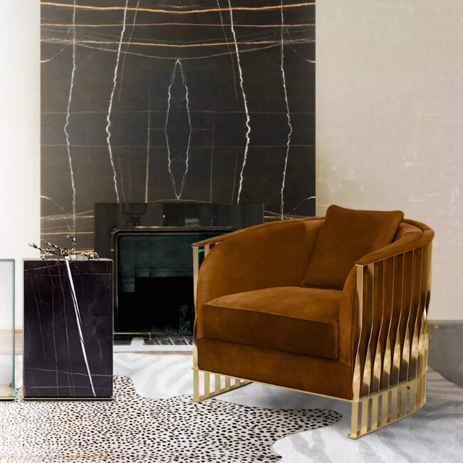 With a brown velvety upholstery, the Mandy Armchair has the distinctive feature of having a twisted high-gloss metal structure in golden hues that meets the untamed design.