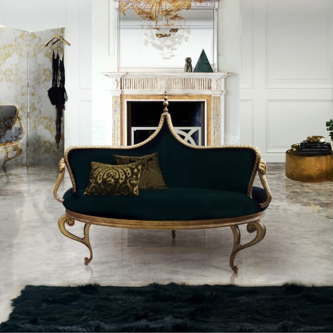 Mistress Confident Sofa meets the untamed design, with black upholstery and a golden hand-carved serpent resembling structure.