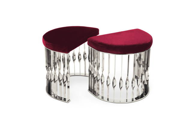 With a bright-pink velvety upholstery, the Mandy Stool has the distinctive feature of having a twisted high-gloss metal structure in silver hues.
