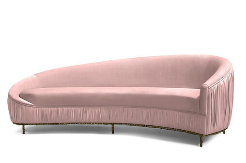 Vamp Metal Base Sofa features a light pink upholstery. The backrest is higher on the right and lower on the left part of the sofa.