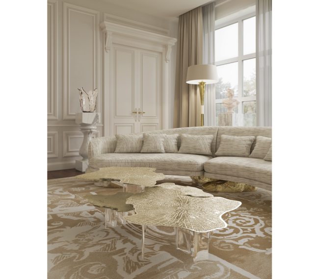 High-end table with intricate gold-leaf details and geometric patterns.