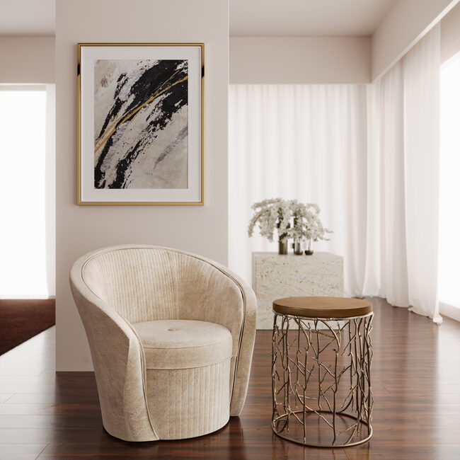 Handcrafted side table with gilded branch-like legs and leather top.