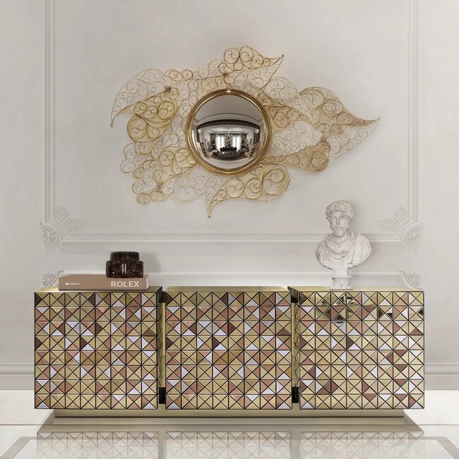 Filigree Mirror in bespoke living room design, blending heritage and luxury.