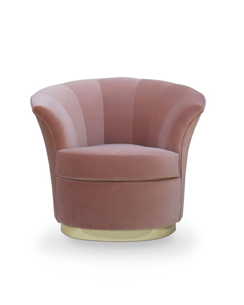 Sensual lip-shaped chair with metal ring base by KOKET, designed for bold interiors