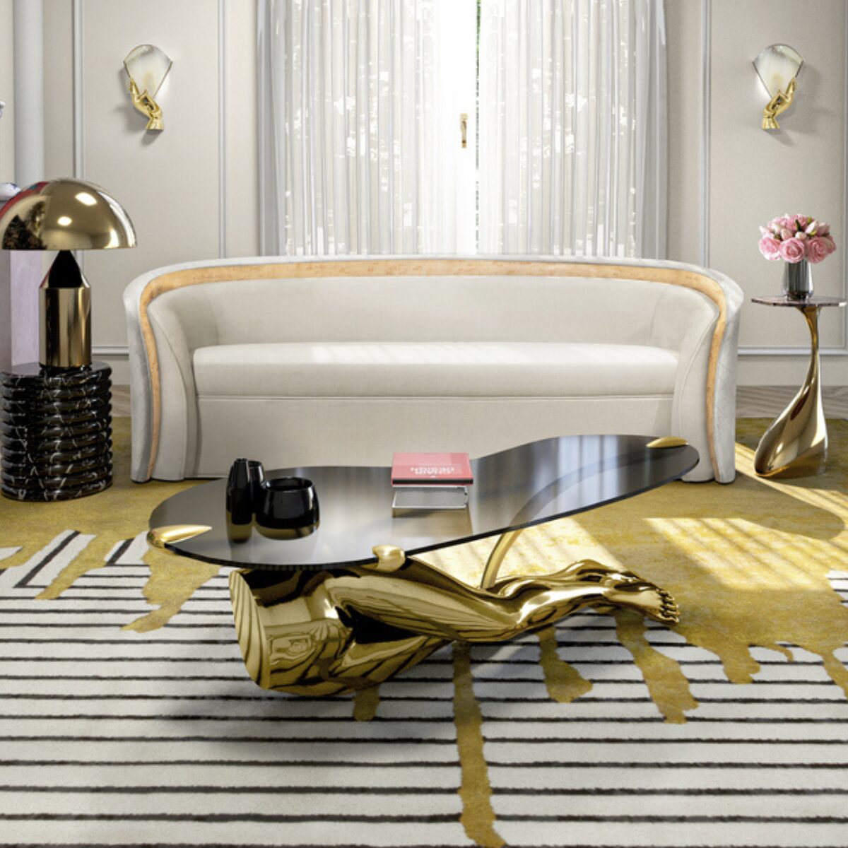Tabu Coffee Table – bold brass-legged design for high-end living rooms