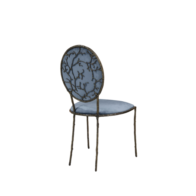 dining chair in blue velvet by koket with metal branches - perfect vanity chair - feminine nature inspired design