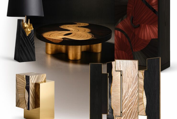 Straw Marquetry Collection by KOKET - furniture and lighting with straw finish - floor screen