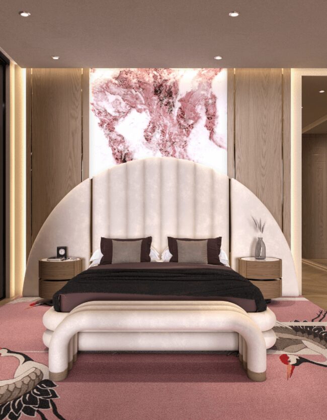 Art Deco-style bed with velvet upholstery and brass accents.