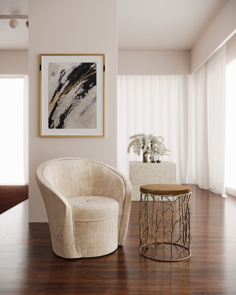 nature inspired design luxury accent chair feminine grace and curves in cream velvet with a decorative end table by koket