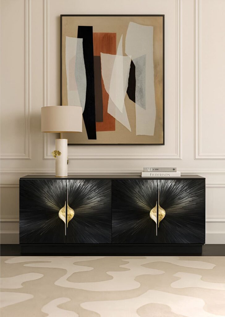 celine straw cabinet by koket - black sunburst marquetry with sculptural brass handles