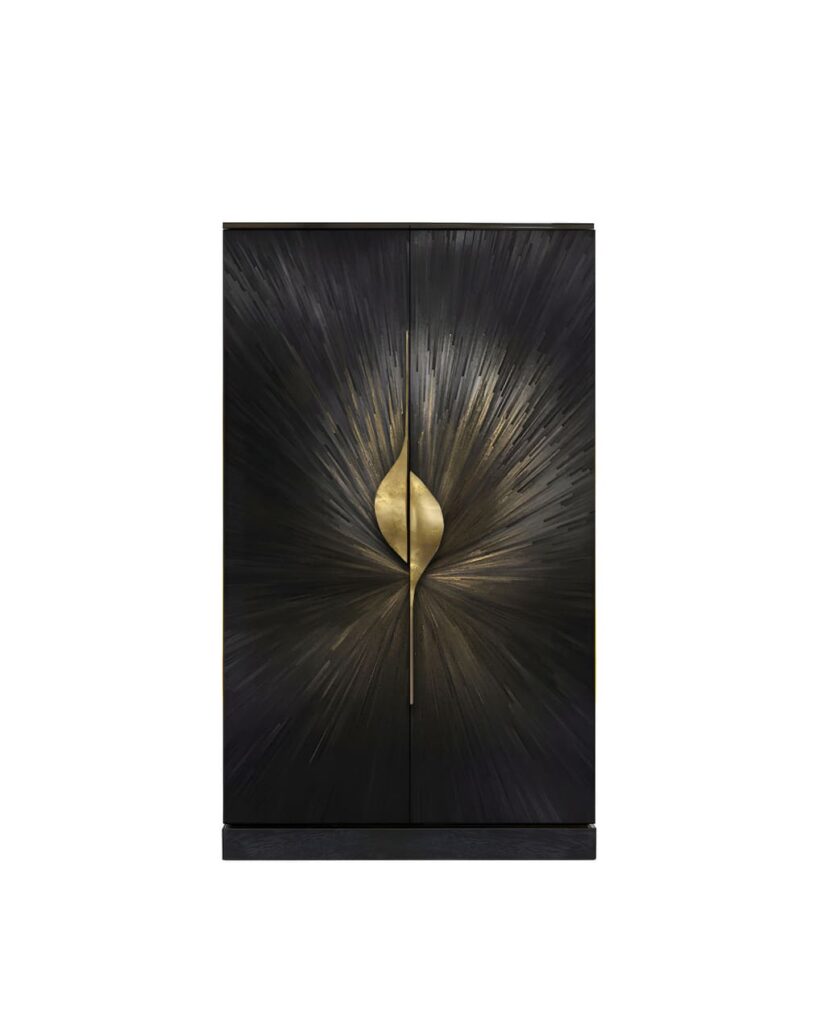 celine straw armoire by koket - black sunburst marquetry with sculptural brass handles