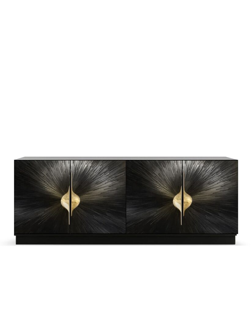 celine straw cabinet by koket - black sunburst marquetry with sculptural brass handles