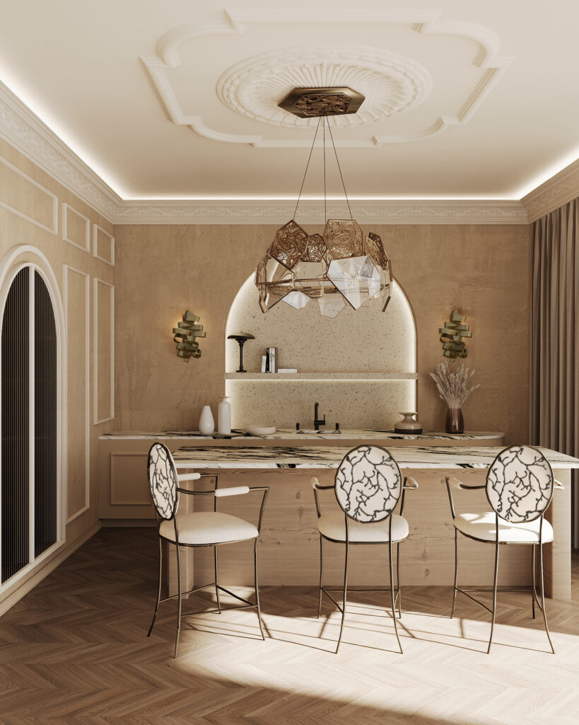 enchanted dining stools make a statement in a cream neutral colored kitchen design