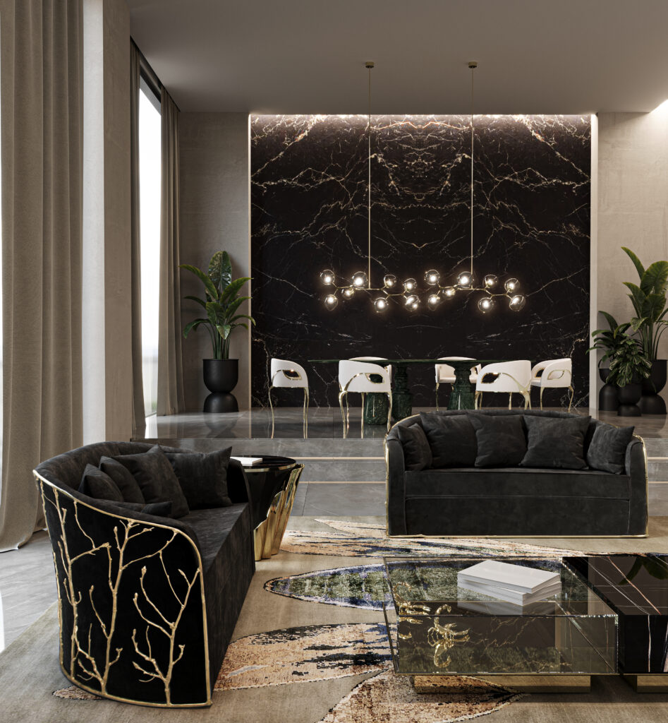 luxury interior design in black and white and gold featuring koket's enchanted sofas and chandra dining chairs