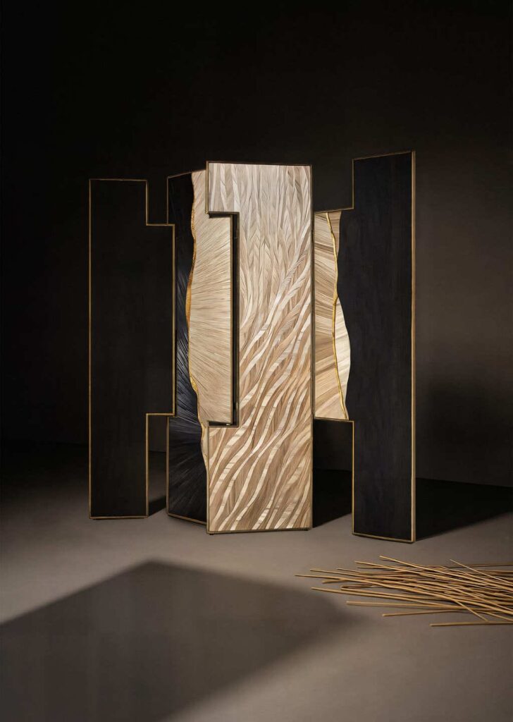 mirage straw marquetry floor screen with ebony wood veneer and brass accents - designer room divider