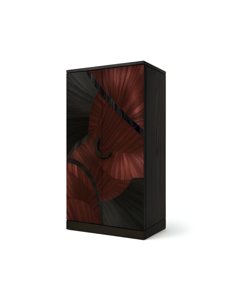 sahara straw marquetry armoire by koket - black and burgundy red - modern statement furniture