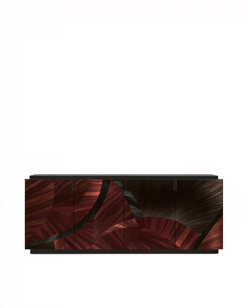 sahara straw marquetry cabinet by koket - black and burgundy red - modern statement furniture
