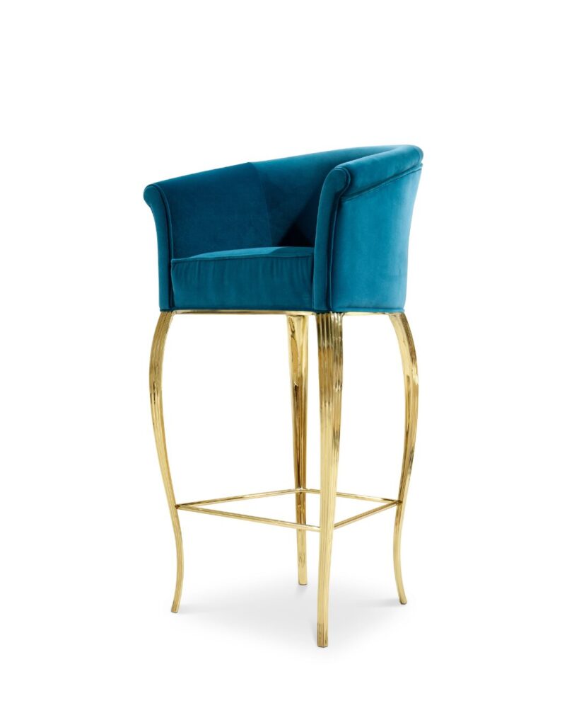 Flirty and cozy bar stool with soft upholstery and slim metal legs
