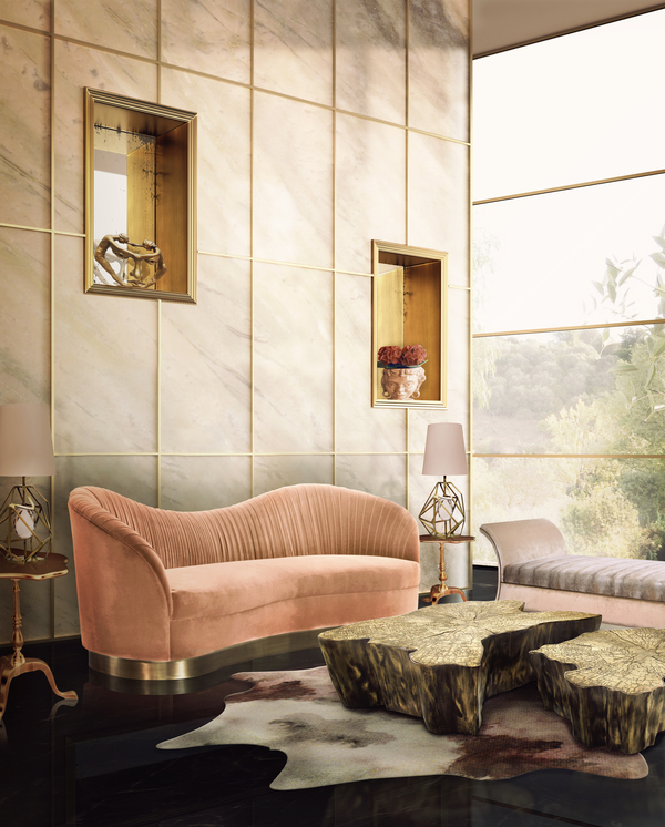 Curvaceous modern sofa with wood detailing and glamorous design