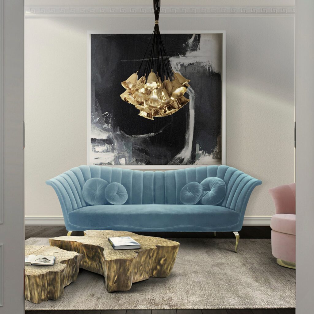 Parisian living room with flirty velvet sofa and feminine curves