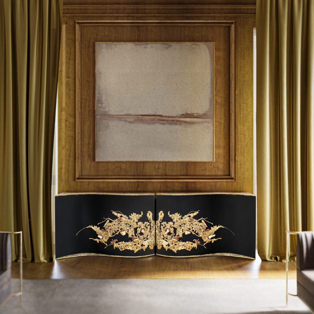 Sculptural console table enhancing a dramatic Parisian interior