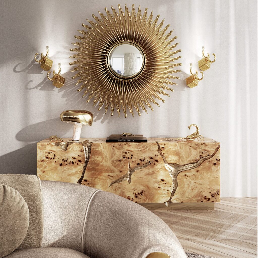 Bold wall mirror adding glamour to Parisian living room decor