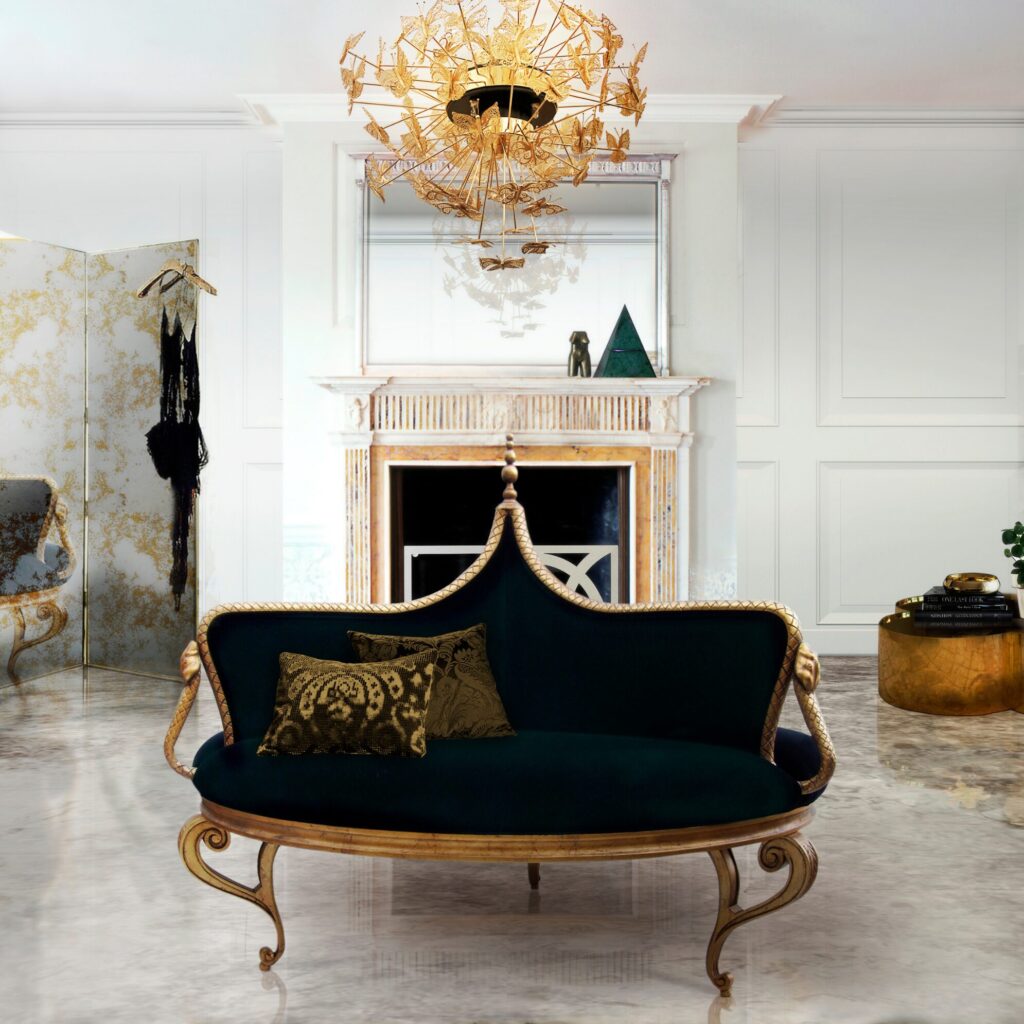 Parisian-style seating with golden serpent frame and classic elegance