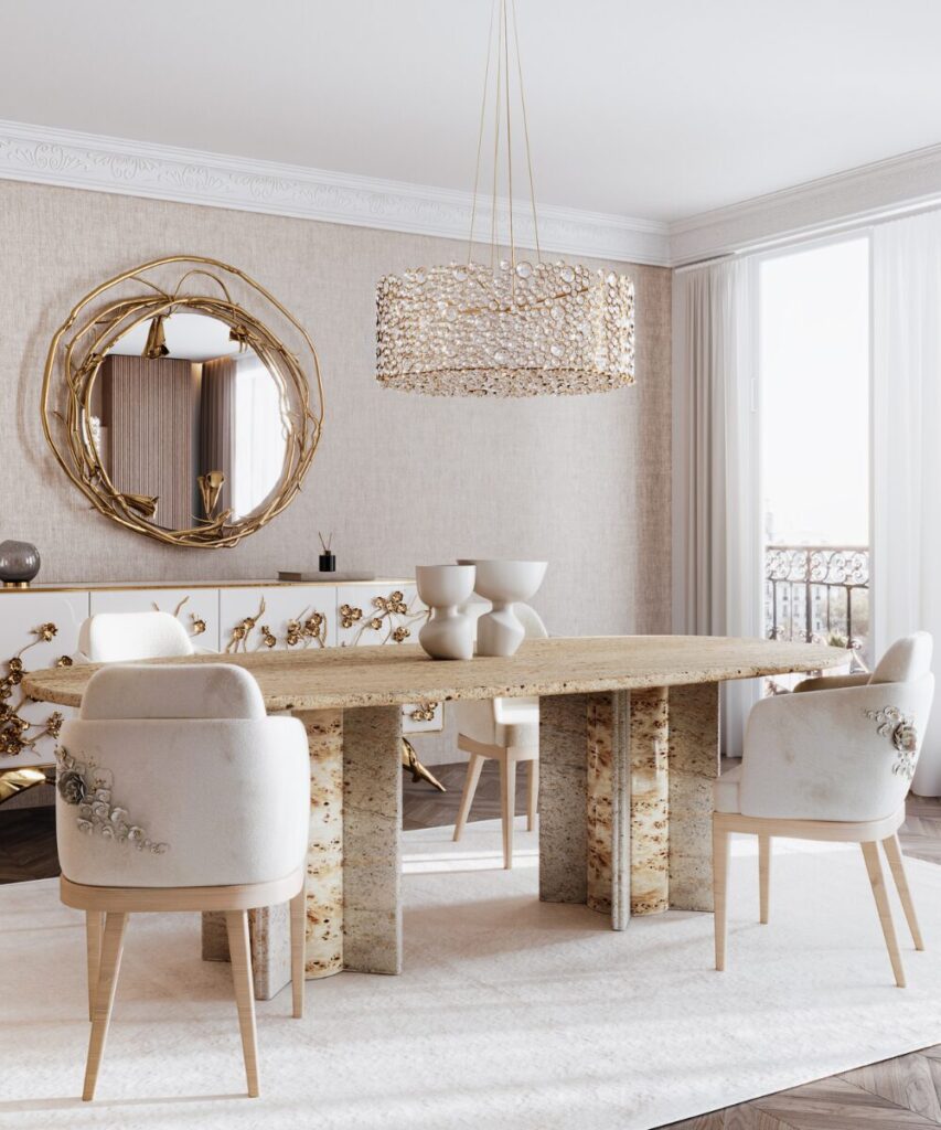 chandelier with circular brass and crystal design in a stylish space.