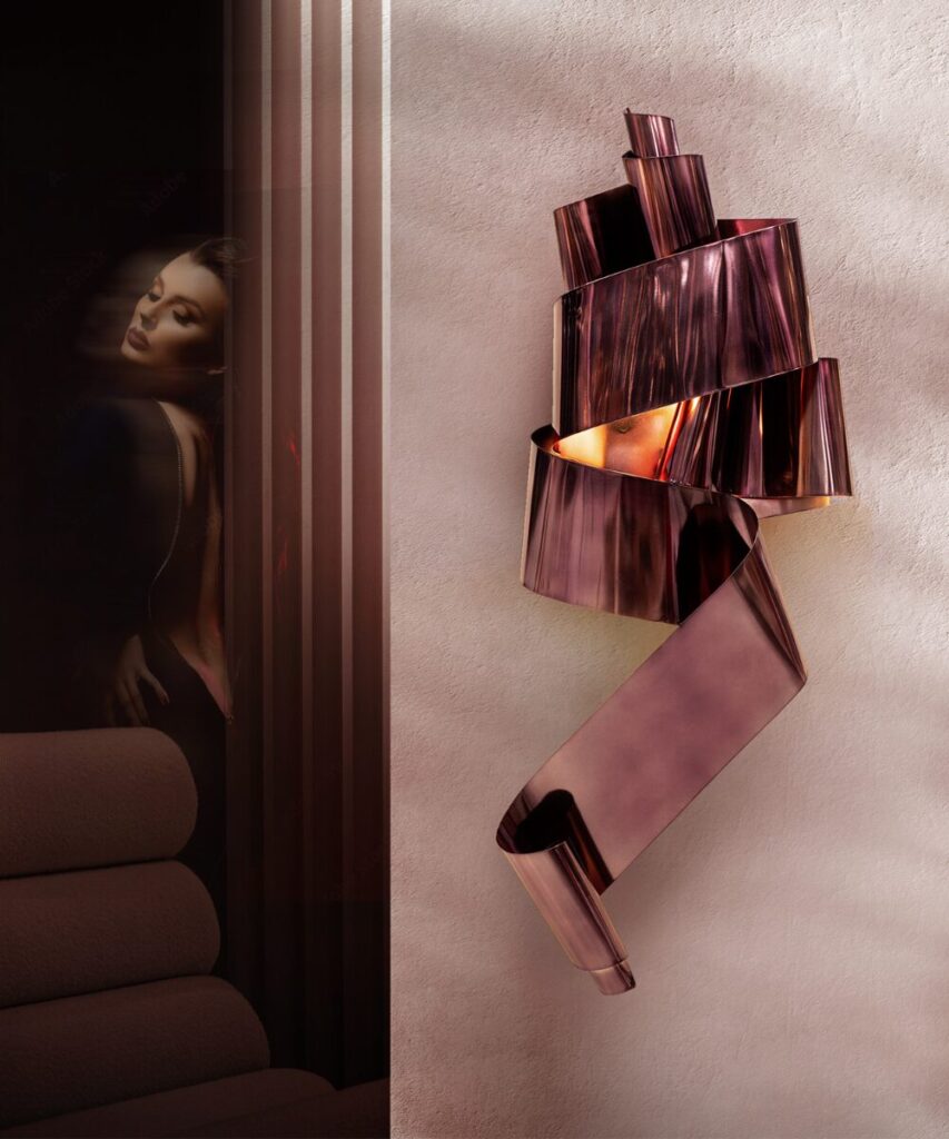 Contemporary lighting sculpture with ribbon-like golden design
