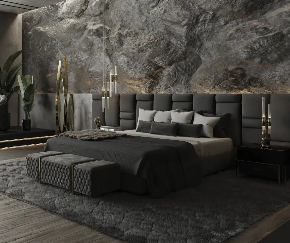 Luxury bed with brass details and leather headboard inspired by French castles.
