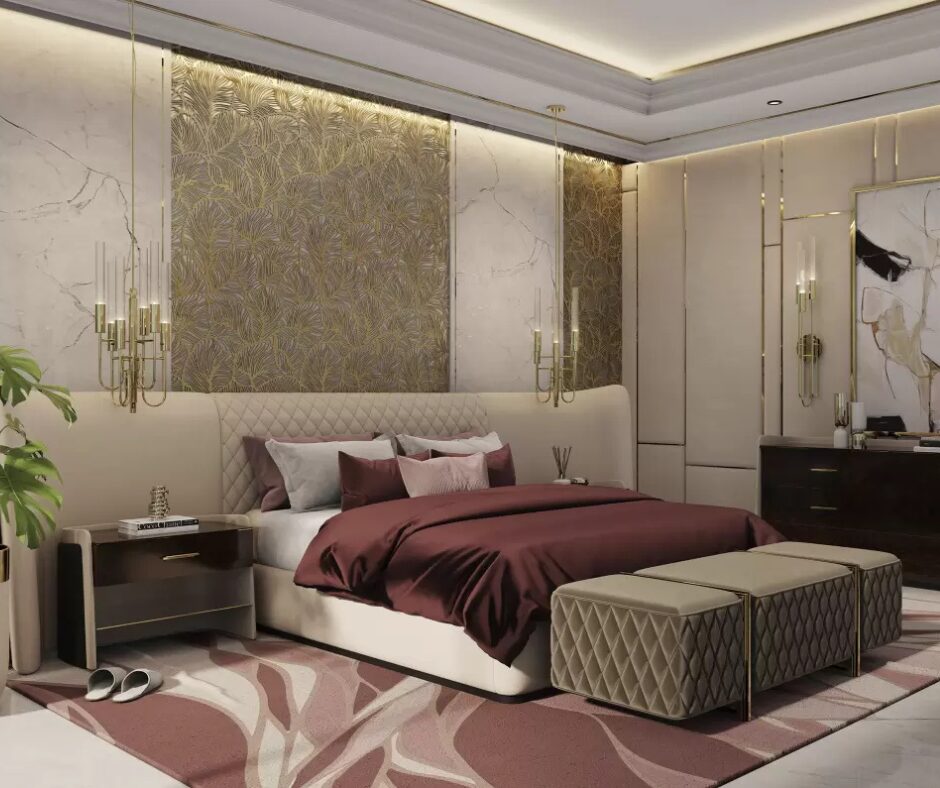 Modern leather bed with brass details.