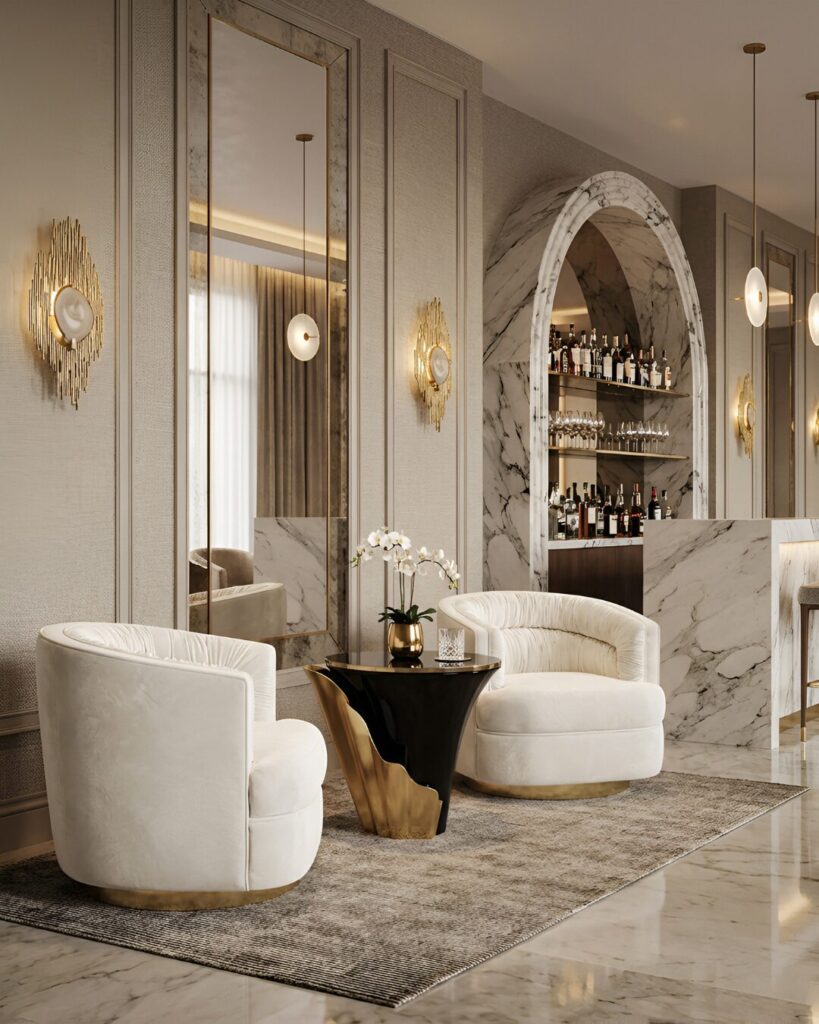 Contemporary metal base armchair in neutral tones – Cocktail Armchair by KOKET