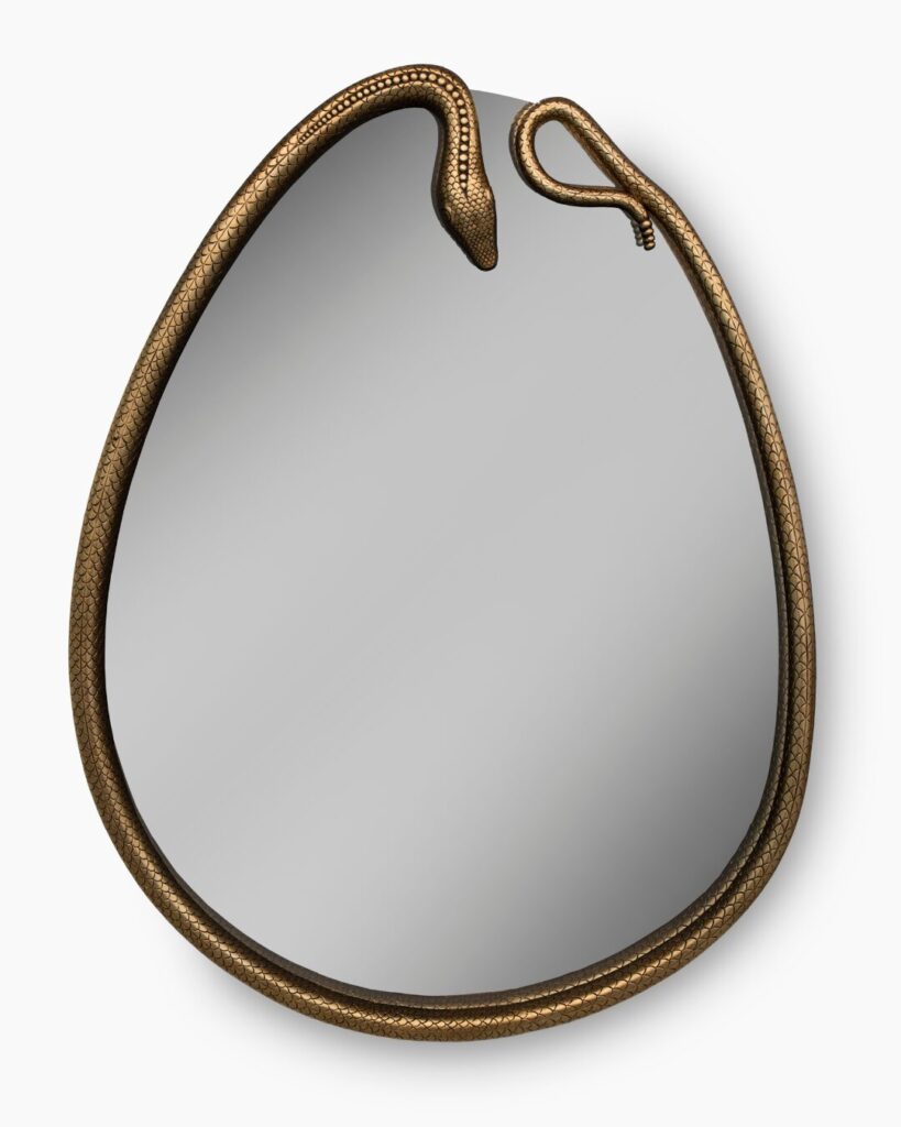 Serpentine pear-shaped mirror by KOKET – exotic luxury bathroom mirror with serpent frame