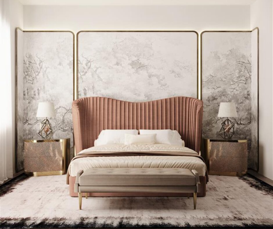 Velvet bed with curvy silhouette and pleated waves.