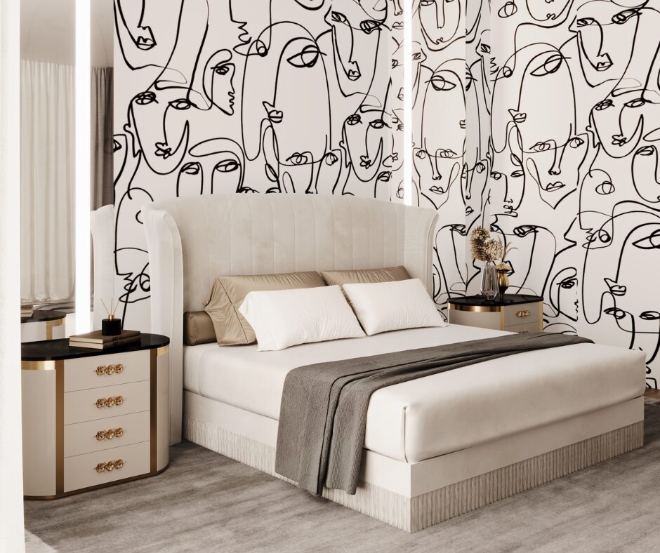 Sevilliana Bed with fringe base and curved headboard in a romantic setting.