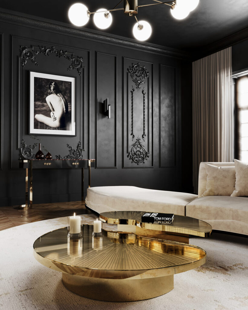reflective metal finishes in home decor interior design 2026 - polished brass myth coffee table koket