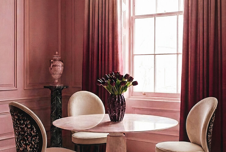 Round marble dining table with sculptural chairs in a cinematic, blush-toned interior by KOKET